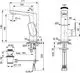 Armatur von Ideal Standard mit hohem Auslauf, Bidet- oder Waschbeckenanschluss. Diagramm zeigt verschiedene Maße und Winkel für Installation und Nutzung.